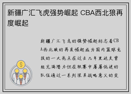 新疆广汇飞虎强势崛起 CBA西北狼再度崛起