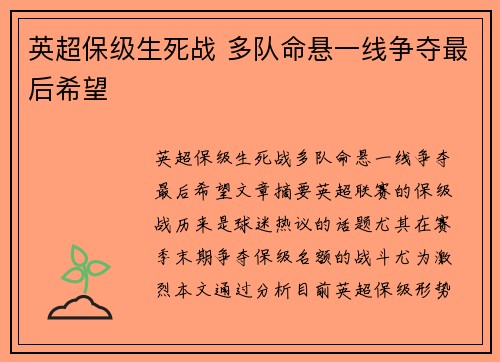英超保级生死战 多队命悬一线争夺最后希望 英超保级生死战 多队命悬一线争夺最后希望